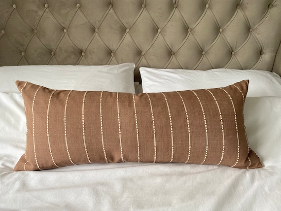 Tan brown bolster cushion cover, coffee lumbar pillow, extra long pillow, large pillow case, striped brown throw pillow