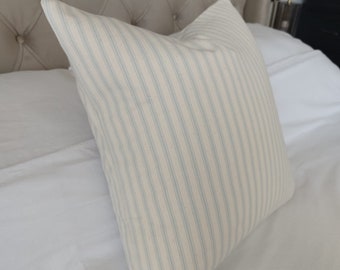 Farmhouse cushion covers, powder blue stripe ticking pillows, French vintage decor, light blue throw