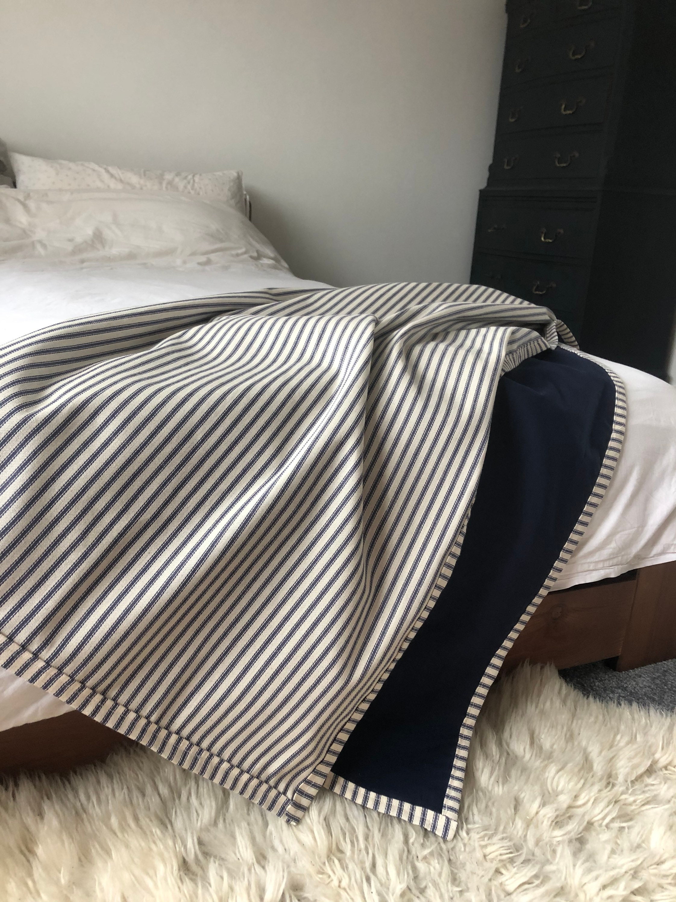 Navy Blue Throw Blanket French Farmhouse Ticking Stripe Vintage