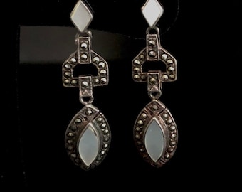 Antique Art Deco Silver Earrings: Mother of Pearl Marcasite Jewelry