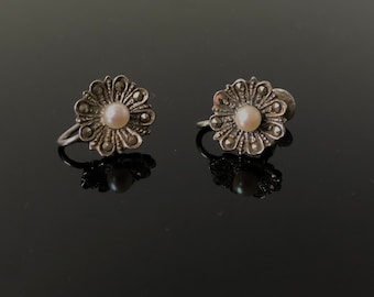 Antique Pearl Sterling Silver Earrings: Art Deco Marcasite Flower Studs