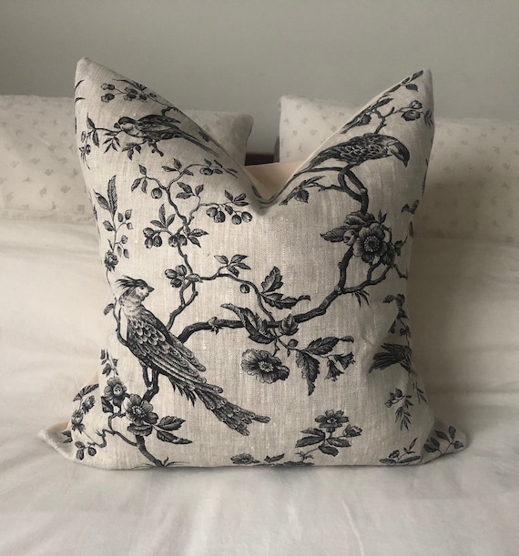 French Country Pillow Covers, Linen Bedding, Black Toile De Jouy