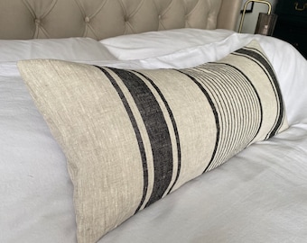 Black Stripe Linen Bolster Pillow Cover, Extra Long Lumbar Cushion, Boho Decor