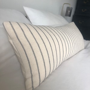 Extra long lumbar pillow cover, boho home decor, neutral woven cotton cushion, cream stripe bolster, 12x30 inch, large throw cushions, black