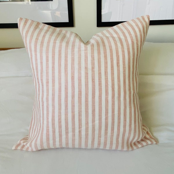 Striped pink throw pillow cover, blush pink linen pillow, french ticking throw pillow, extra large cushion covers, pink nursery decor