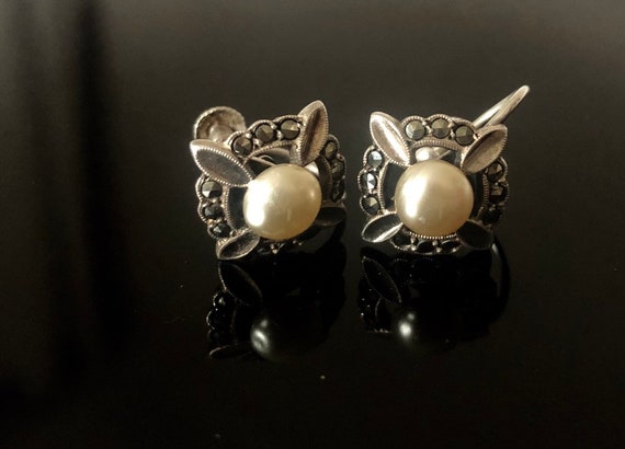 Art Deco Pearl Earrings: Vintage Marcasite Screw Back Studs, 1930s Jewelry