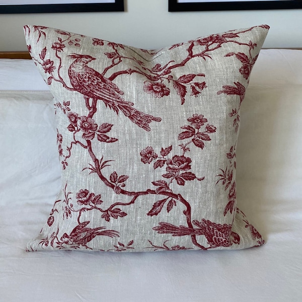 French Country Pillow Cover, Bordeaux Red Toile de Jouy Linen, Vintage Farmhouse Decor