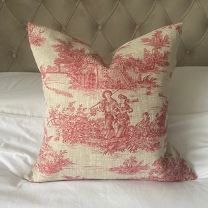 French country pillow cover, vintage linen bedding, red toile de jouy, french linen bedding, farmhouse decor, vintage decor, Christmas