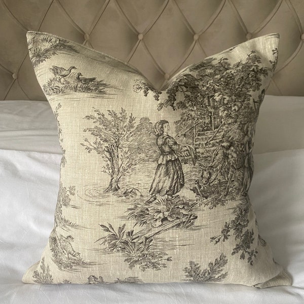 French country pillow cover, vintage linen bedding, anthracite grey toile de jouy, french linen bedding, farmhouse decor, vintage decor,