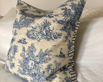 French vintage cushion cover - Blue toile de jouy - French country pillow - blue striped ticking cushion -  blue cushion - vintage decor