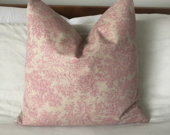 Pink Toile de Jouy Pillow Cover, French Vintage Linen Cushion, Farmhouse Decor