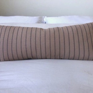 Extra long lumbar pillow cover, bench cushion, boho home decor, neutral woven cotton cushion, brown stripe bolster, large throw cushions
