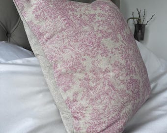 French country pillow cover, vintage linen bedding, pink toile de jouy, french linen bedding, farmhouse decor, vintage decor, pink cushions