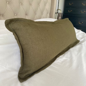 long bolster cushion cover, khaki pillow cover, olive green linen cushion cover, Oxford edge lumbar, green bench cushion cover