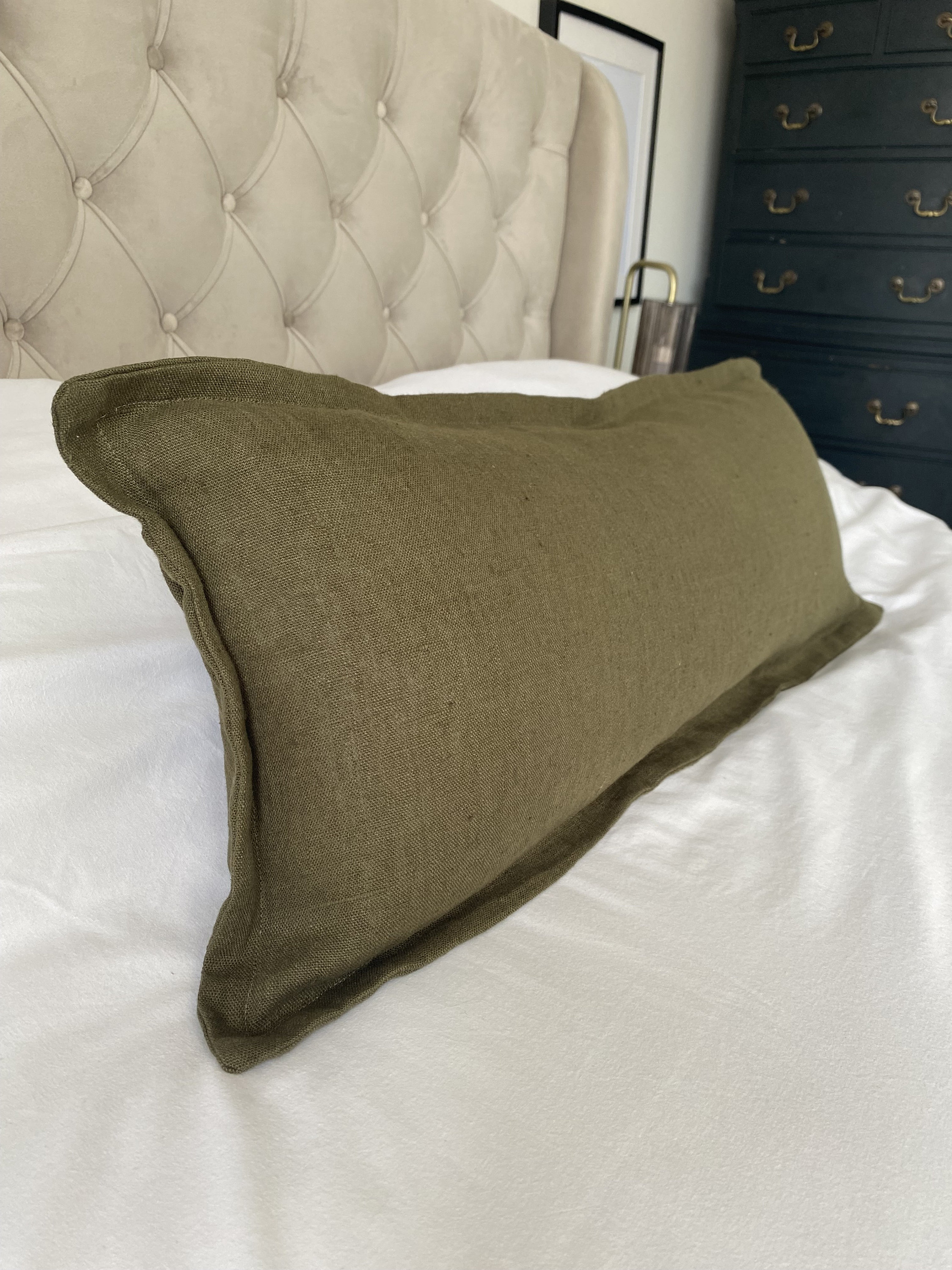 long bolster cushion cover, khaki pillow cover, olive green linen cushion cover, Oxford edge lumbar, green bench cushion cover
