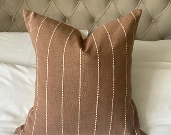 Funda de almohada a rayas marrones, algodón tejido a mano, decoración bohemia.