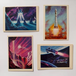 Set of 4 Vintage Space postcards, Soviet postcards, USSR cosmos, artist Sokolov