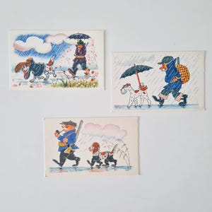 Soviet vintage postcards, Russian humorous postcards from the 1960s, artist Orlov and Schwartz, hunter with dog
