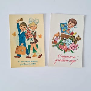 Pair of Soviet postcards, Zarubin, 1 September day, Soviet pupils, Congratulations on the beginning of the school year, Back to school