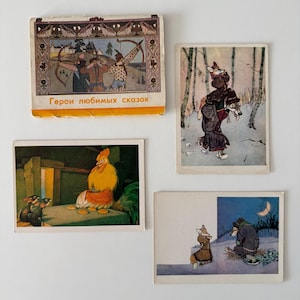 Soviet vintage art postcard set with fairy tale illustrations, Children's postcards - Heroes of favorite fairy tales