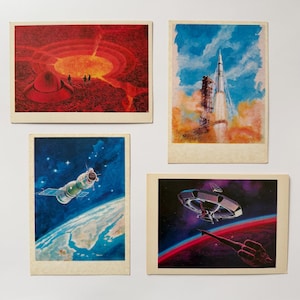 Set of 4 Soviet vintage Space postcards, USSR, cosmos, spacecraft, Universe, artists Sokolov and Leonov