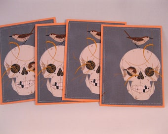 4 Skull Fabric Note Cards FREE SHIPPING set Charley Harper Wrented wren bird birds wrens