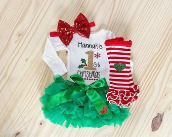 First Christmas Outfit For Girls, Girls Christmas Outfit With Name, Personalized 1st Christmas Outfit, Newborn Christmas Tutu, 1st Christmas