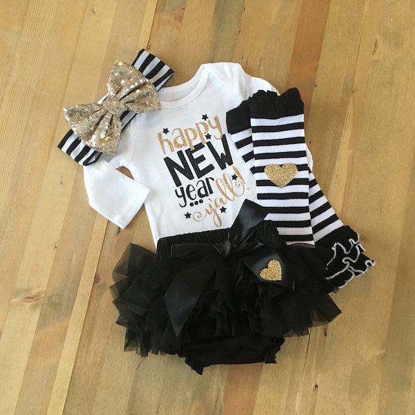 Mädchen Silvester Outfit, 1st NYE Outfit für Mädchen, Baby Girl Neujahr Outfit, Neugeborenen Tutu, Schwarz und Gold Outfit, lustiges Baby Outfit