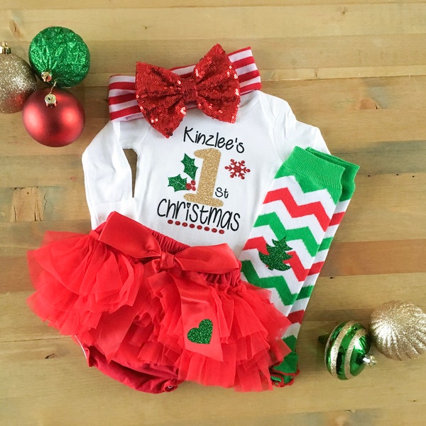 First Christmas Outfit For Girls, Girls Christmas Outfit With Name, Personalized 1st Christmas Outfit, Newborn Christmas Tutu, 1st Christmas