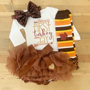 Girls Personalized 1st Thanksgiving Outfit, Baby Girls First Turkey Day Outfit with Name, Newborn Thanksgiving Bodysuit, 1st Holiday Outfit