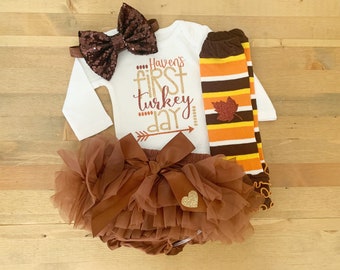 Girls Personalized 1st Thanksgiving Outfit, Baby Girls First Turkey Day Outfit with Name, Newborn Thanksgiving Bodysuit, 1st Holiday Outfit