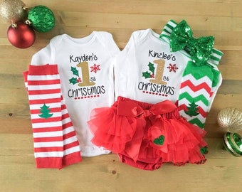 Twins 1st Christmas Outfit, Twins Personalized Christmas Outfits, Newborn Boy Girl Twins,  Newborn First Christmas Outfits, Christmas Twins