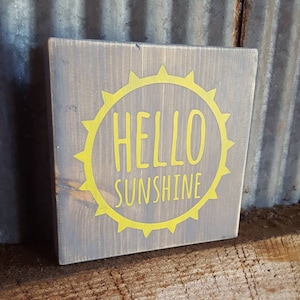 Hello Sunshine | Small Rustic Wood Sign | Reclaimed Wooden Sign | Nursery Sign | Hand Painted Sign | Tiered Tray Decor | Mini Wood Sign