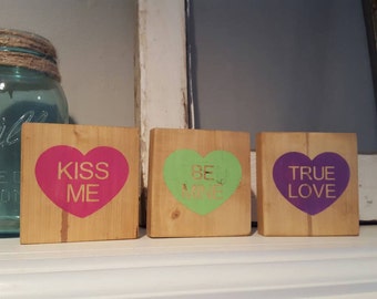 Conversation Heart Wood Block Rustic Reclaimed Valentine Wood Blocks Heart Blocks Valentine Decor Valentine's Day Kiss Me Be MIne True Love