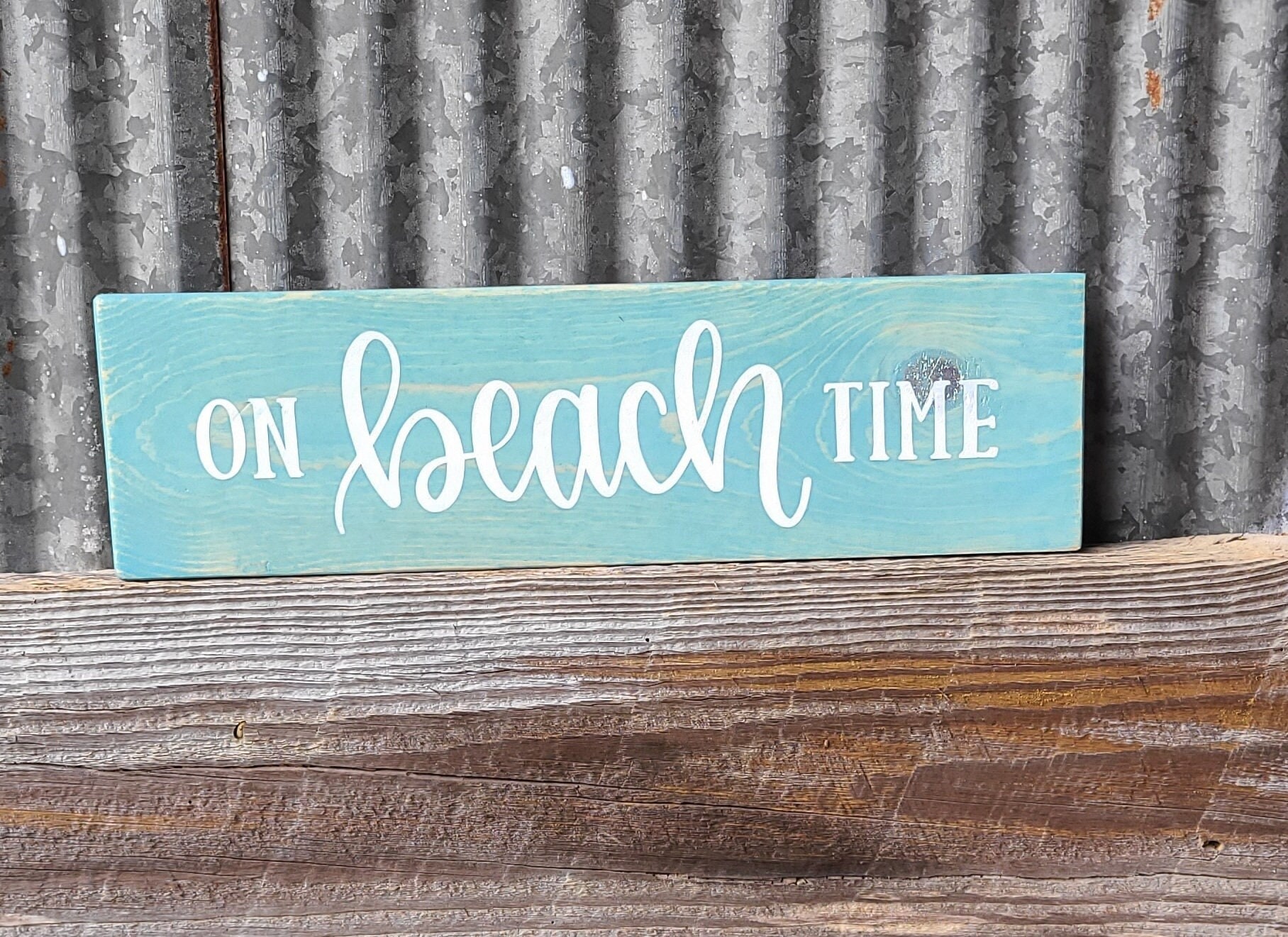 On Beach Time Rustic Coastal Sign | Reclaimed Pine Wood Wall Decor | Coastal Farmhouse Decor | Beach Lover Gift | Aqua Beach House Sign
