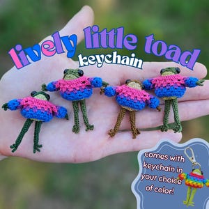 May include: Four small crocheted toad figures with black bead eyes and long green or brown legs. Each toad wears a sweater featuring a pink and blue gradient pattern. The text "lively little toad keychain" appears above, and a small inset shows a rainbow toad.