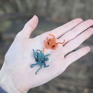 May include: Two small, crocheted octopus figures. One is teal, the other is orange. Both have black eyes and are displayed on a person's open palm. The tentacles are curled, and the figures are detailed.