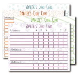 May include: A printable chore chart for kids with a purple and white background. The chart has a space for daily responsibilities, 1-2 day responsibilities, and 3-5 day responsibilities. The chart is labeled "Sophia's Chore Chart" and has a space for each day of the week.
