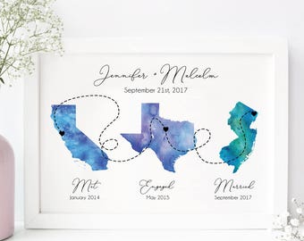 Met Engaged Married print - Met engaged married map - Personalized wedding gift wedding states map Honeymoon print love story Digital print