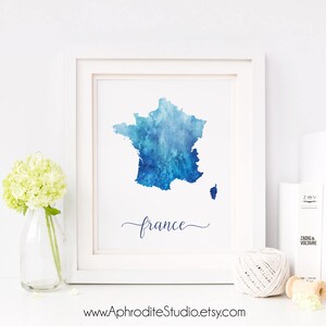 Impresión digital de Francia - Cartel de acuarela de Francia - Decoración de viaje - Regalo para amantes de los viajes - Impresión de arte de pared de Francia - Impresión de acuarela del mapa de Francia