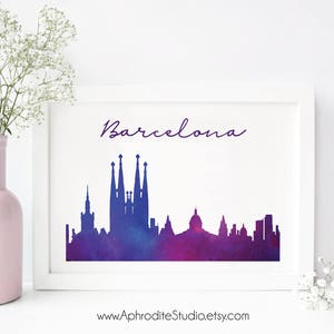 Wydruk z panoramą Barcelony - Wydruk z panoramą Barcelony - Wydruk akwarelowy z Barcelony - Wystrój podróżny Prezent dla miłośnika podróży Wydruk akwarelowy z Hiszpanii
