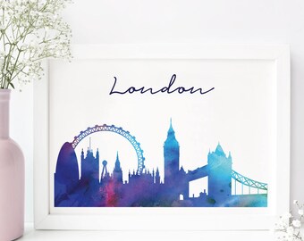 London skyline print - London cityscape print - London watercolor print - Travel Decor - Gift for travel lover - UK London watercolor print