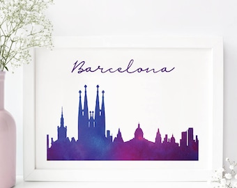 Barcelona Skyline Druck - Barcelona Stadtbild Druck - Barcelona Aquarell Druck - Travel Decor Geschenk für Reiseliebhaber Spanien Aquarell Druck