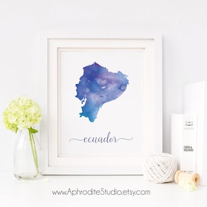 Impression numérique de l&#39;Équateur - Affiche aquarelle de l&#39;Équateur - Décor de voyage - Cadeau pour les amoureux des voyages - Impression d&#39;art mural de l&#39;Équateur - Aquarelle de la carte de l&#39;Équateur
