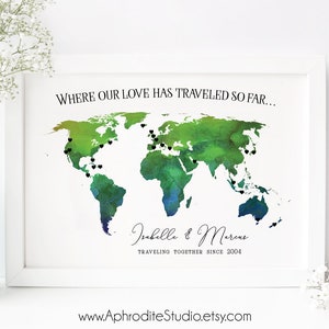Mapa del mundo personalizado - Mapa de viajes Regalo para pareja de viajes Donde nuestro amor ha viajado mapa del mundo imprimible personalizado Regalo de aniversario
