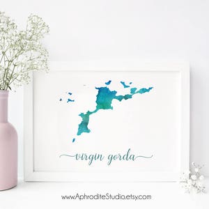 Impressão digital Virgin Gorda - pôster aquarela BVI - Presente de decoração de viagem para amantes de viagens Impressão artística das Ilhas Virgens Britânicas mapa aquarela BVI