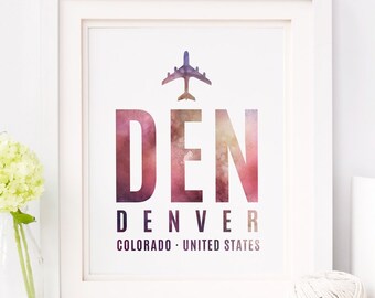 Impresión digital del aeropuerto DEN - Impresión del aeropuerto de Denver - Regalo para asistente de vuelo - Regalo para azafata - Regalo para piloto - Arte de etiqueta del aeropuerto DEN