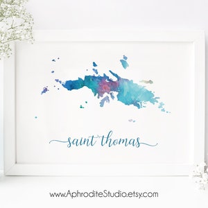 Impressão digital de São Tomás - Pôster em aquarela de São Tomás - Decoração de viagem - Presente para amante de viagens - Impressão artística USVI - Aquarela das Ilhas Virgens