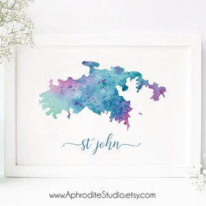 Impressão digital de São João - Pôster em aquarela de São João - Decoração de viagem - Presente para amante de viagens - Impressão artística USVI - Aquarela das Ilhas Virgens