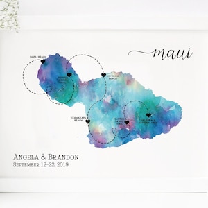 Impression numérique Maui - Maui lune de miel imprimé - Maui carte - Cadeau de mariage personnalisé - Hawaii Lune de miel carte imprimée - Maui road trip impression Hawaii